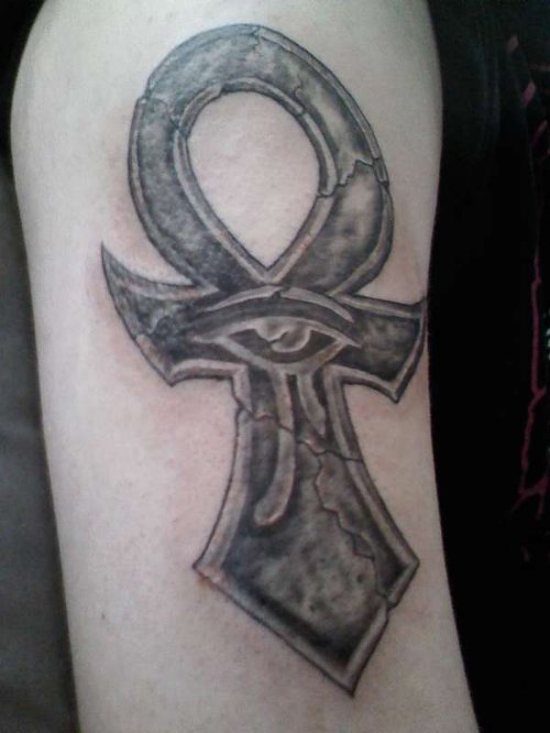 Grey Ink Ankh And Eye of Horus Tattoo On Half Sleeve